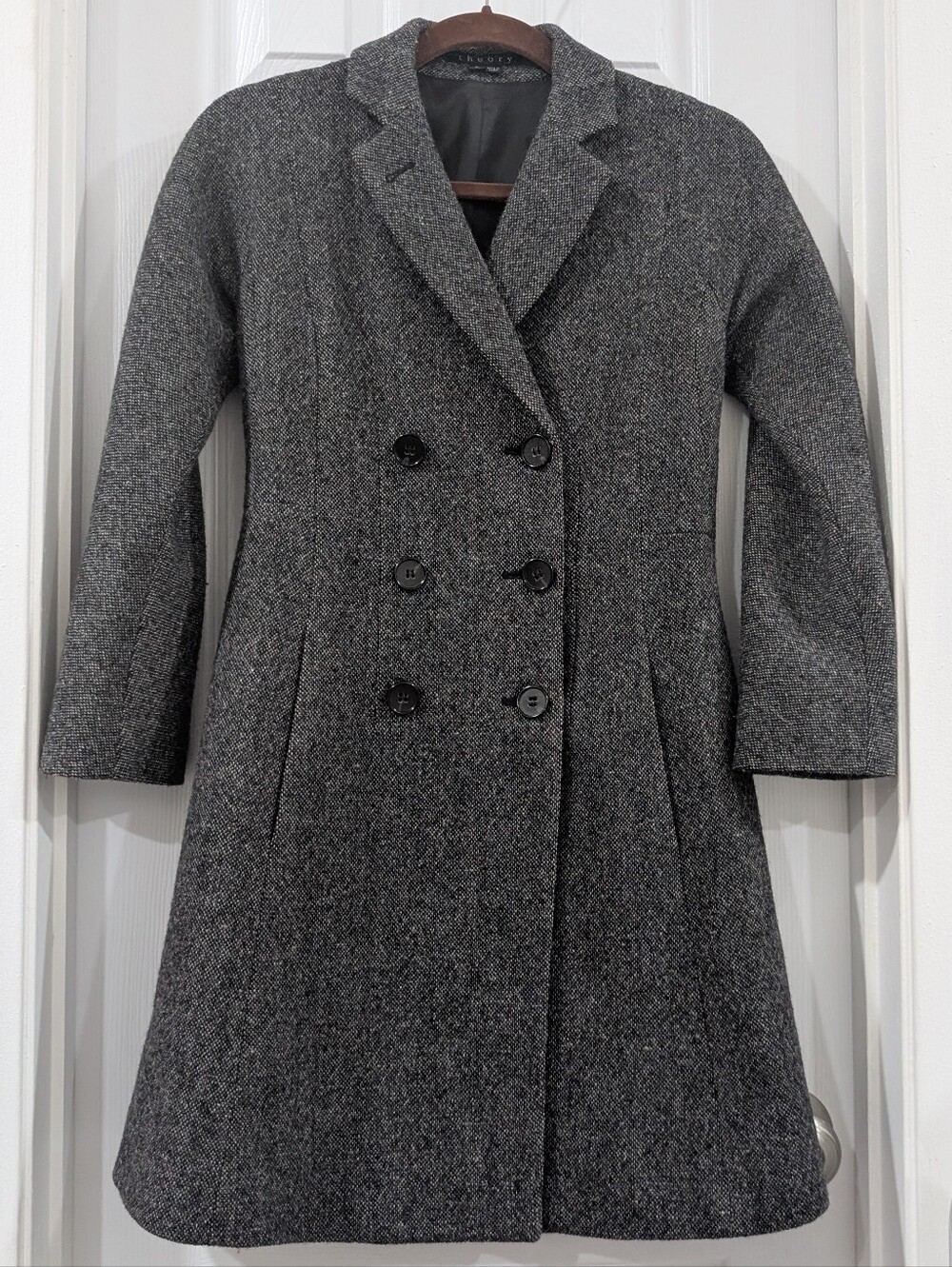 Theory Charcoal Gray Donegal Fleck Tweed Wool Cashmere Double Breasted Coat P